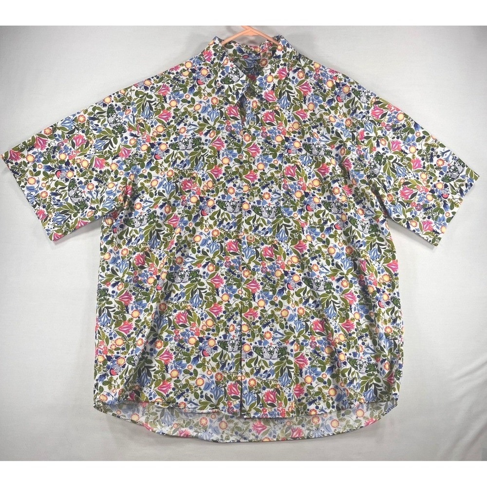 Alan Flusser Mens XXL Short Sleeve Floral Butterfly Cotton Button Up Shirt Multi - Picture 2 of 8